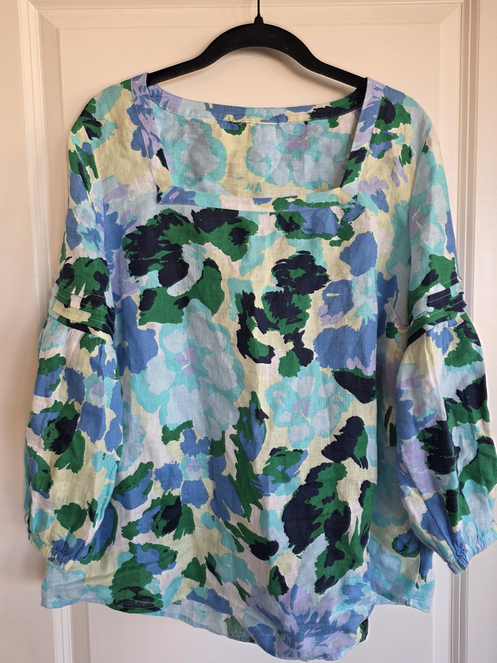 Charter Club Women's Linen Printed Square-Neck Top in blue and green flor